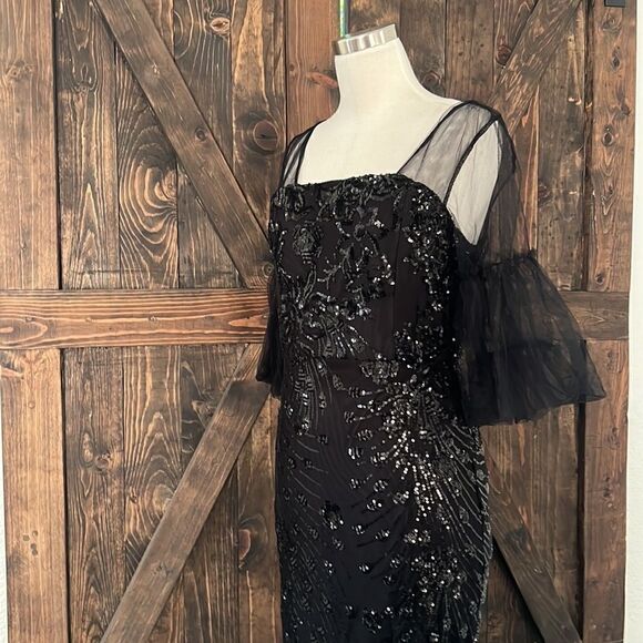 Tulle black Flared Sleeve Evening Party Dress Elegant Mermaid gown dress Sz- XL - Picture 7 of 16